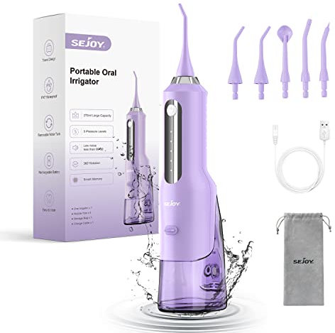 Sejoy Munddusche Kabellos Elektrische, Munddusche Testsieger 2025 Zahndusche Wasserdicht 270ML Tragbar Oral Irrigator Zahnreiniger Reisemunddusche für Zuhause Büro, mit 5 Modi und 5 Düsen, Weiß