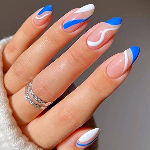 AKOFIC 24 pezzi Press on Nails corti, ovali francesi, unghie artificiali, da incollare con colla gelatina, unghie finte per donne e ragazze (nudo bianco blu)