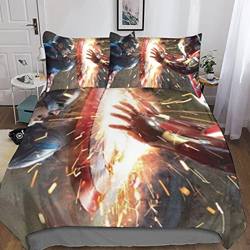 Avengers Bedding Set Soft Microfiber 3D Marvel Movies Quilt Duvet Cover Sets 3 Pieces with Pillow Case Cover Soft Duvet Set with Zipper Closure for Kids Teens Adults Double（200x200cm）