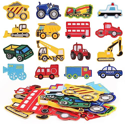 Bügelflicken Baufahrzeug, 16 Stück Patches zum Aufbügeln, Aufnäher Kinder, Flicken zum Aufbügeln, Bügelbilder für Textilien - Jacken, Jeans, Rucksäcken, Hut und Schuh