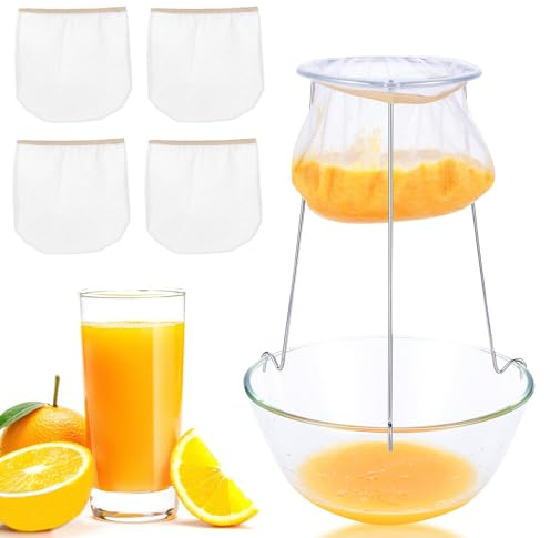 Jelly Strainer Stand With 4 Reusable Staining Bags, Stainless Steel Stand With Replacement Bags for Straining Juice, Yogurt, Cheese, Broth, Nut Milk