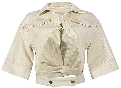LEOROO Casual Cropped Jacket Women Fall Fashion Short Sleeve Lace-up Coat Trendy Hollow Out Women's Clothes(Apricot,L)