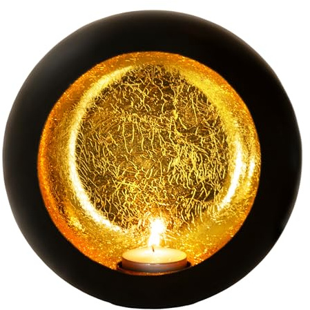 Gadgy Teelichthalter Schwarz Gold - Windlicht Esstisch Deko - Teelichthalter Metall rund - Windlicht Metall Deko schwarz - Tischdeko schwarz - Wohndeko Ø 17 x 10 cm
