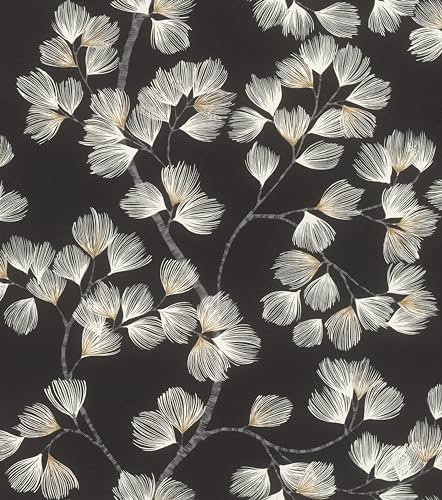 Rasch Symphony 866926 Papier peint intissé avec branches et fleurs fantaisie en noir et blanc, 10,05 x 0,53 m (L x l)