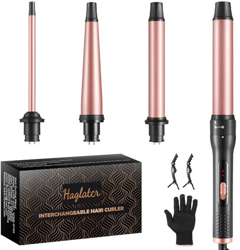 Haglater Lockenstab 4 in 1 Multifunktions Austauschbare Keramikbeschichtung Curling Iron, Lockenstäbe mit Verschiedenen Aufsätzen Große und Kleine Locken, Welleneisen für Beach Waves