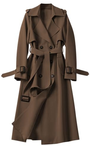 Minetom Femme Trench-Coat à Double Boutonnage Elégant Manches Longues Automne Hiver Revers Veste Longue Manteau avec Ceinture A Café M