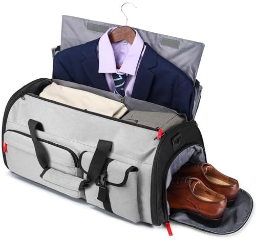 Borsa da viaggio per abiti da uomo, sacco per vestiti trasformabile, sacca da viaggio per il trasporto di scarpe, 3-in-1 grande borsa per abiti a tracolla, borsa per abiti per viaggi d'affari, grigio