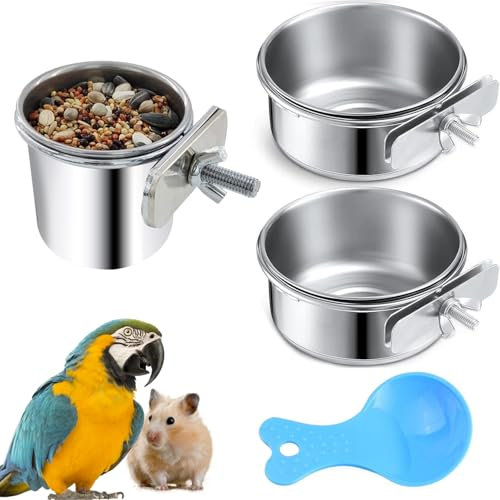 PERSENTU Bird Feeding Dish Cups Set, Stainless Steel Parrot Feeding Cups Animal Cage Water Food Bowl Bird Cage Cup Holder with Clamp Holder for Birds Parrot Water Food Dish Feeder（3PCS）