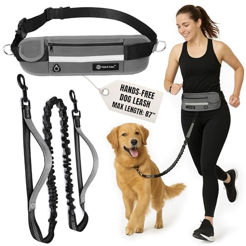 Tails & Tales Hands Free Dog Leash with Lightweight Waist Pouch for Walking Running Hiking, Adjustable Belt 25-45, Dual Padded Handles, Reflective Bungee Design for Small to Large 100lb Dogs (Gray)