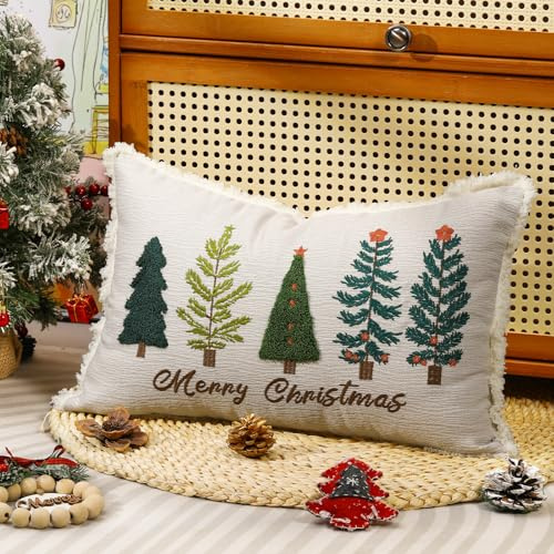 Lewondr Fundas de Almohada de Navidad, 1PCS 30x50CM Funda de Cojín Navideña con Exquisito Bordado de Árbol de Navidad, Funda de Almohada Lumbar para Cama Decoración del Hogar Sala Sofá