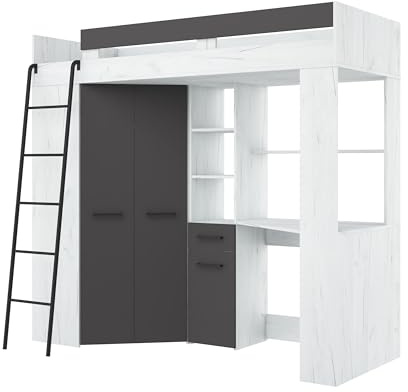 FurnitureByJDM High Sleeper Bed with Desk and Wardrobe 80x200 cm– Space Saving Loft Bed for Kids/Children with Safety Rail – Youth Room Complete Set FLOOR (Craft White Graphite,Left Ladder)