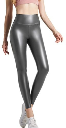 Cicilin Leggings Simili Cuir Femme Taille Haute élasticité Sexy Pantalon Collants en Cuir Gris XXL