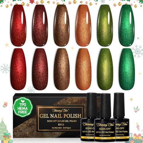 Shining She UV-nagellack, 6 färger, HEMA-fritt, TPO-fritt, gelnagellack, uv, höst och vinter, sjöjungfrufriliggande, glitter, röd, grön, brun, orange, Soak-Off, UV-gel, nagellack, jul, för nybörjare