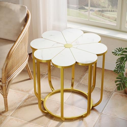 Tribesigns Mesa Auxiliar Diseño Flor, 60 cm Mesita de Noche Moderna de Falso Mármol, Mesita Auxiliar Salon con Estructura Metálica Dorada, Mesa Pequeña para Salón, Dormitorio, Sala (Blanco & Dorado)