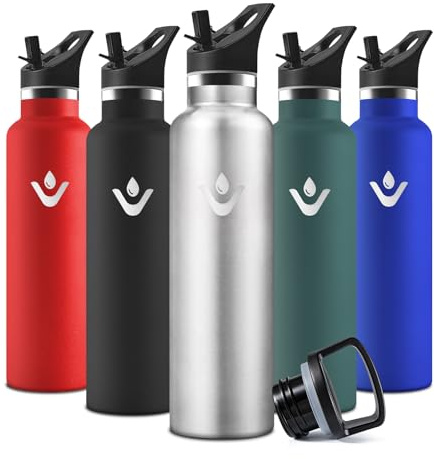 Motswedi Botella Agua acero Inoxidable, 750 ml Libre de BPA, Botella Termica, Con Pajita y 2 Tapas, Cantimplora, 18/8 Acero Inoxidable, Cantimplora Isotermica para Ufficio, Palestra - Inoxidable