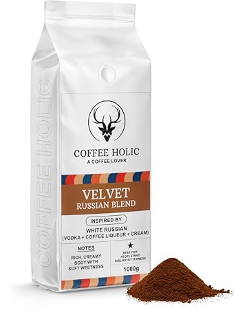 Coffeeholic Velvet White Russian Vodka Ground Coffee 1kg – Creamy Smooth Espresso Blend, Ground Coffee for Cafetiere, Espresso Machines & Moka Pot, Medium Roast, Gourmet Coffee Gift Set