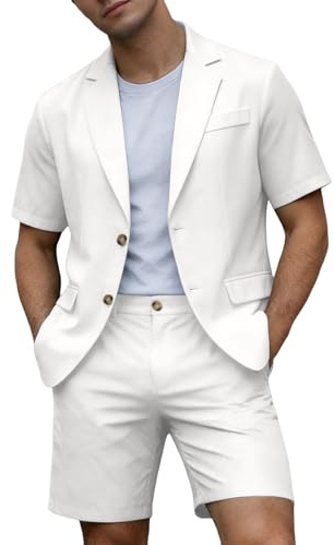 Conjunto genérico para hombre, traje de lino, blanco, chaqueta de manga corta, pantalón corto, verano, elegante, cómodo, transpirable, ligero, regalo ayudante para boda, fiesta, vacaciones, playa