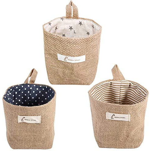 3 Pcs Cotton and Linen Storage Basket, Cotton Linen Small Storage Basket Wall Hanging Organizer Box Wall Mounted Storage Pocket Collapsible Decor Bin Bag,Hanging Storage Bag for Toys, Keys, Cosmetics