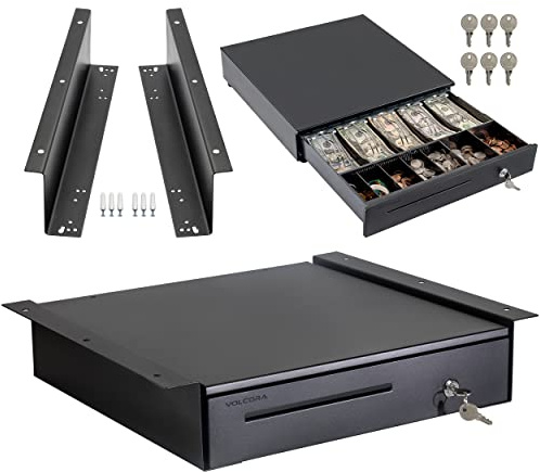 Volcora Cash Register Drawer with Under Counter Mounting Metal Bracket - 16 Black Cash Drawer for POS, 5 Bill 6 Coin Cash Tray, Removable Coin Compartment, 24V RJ11/RJ12 Key-Lock, Media Slot