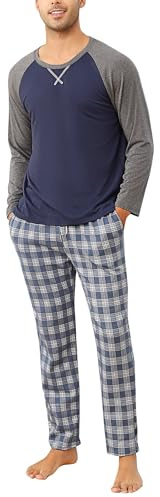 Litherday Pijama Hombre Invierno Algodón – Conjunto de 2 Piezas con Camiseta de Manga Larga y Pantalón de Cuadros, Ropa de Dormir Masculina Cómoda,Estilo 2 Azul, XL