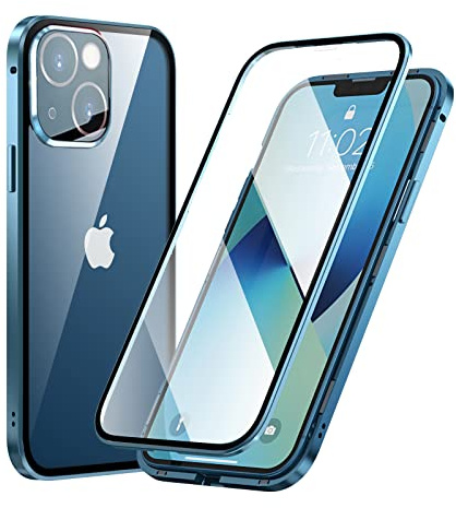 MIMGOAL Cover per Magnetica iPhone 13 Custodia di Protezione a 360 Gradi, Cornice Metallica + Vetro Temperato Anteriore e Posteriore [Protezione della fotocamera integrata] Full Body Case Blu