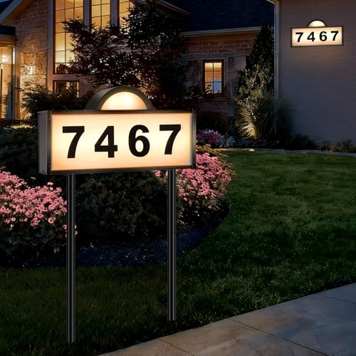 Solar House Numbers for Outside, Aqonsie Solar Powered Address Sign with Warm White & Cold White, IP65 Waterproof Solar Address Signs for Yard, LED Illuminated Plaques Wall Mounted & In Ground
