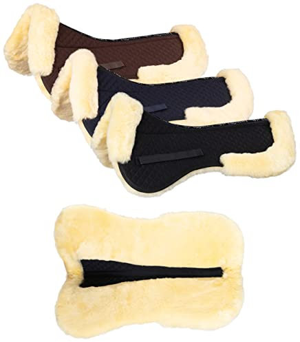 Equinate echt Lammfell Sattelkissen Spinefriend mit Wirbelsäulenfreiheit, Sattelpad M - Navy-Natur für Pferd und Pony, Sattel 16 16,5 17