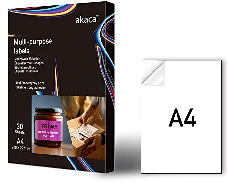 akaca Carta Adesiva Opaco Stampabile A4, 30 Fogli, Etichette Adesive per Stampanti laser & a getto d'inchiostro, 1 Etichetta per Foglio, 210 x 297 mm