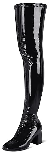syztsho Women's Thigh High Boots Patent Leather Black Over The Knee Boot for Women Square Toe Side Zipper Leather Chunky Heel GOGO Boots Size 8.5