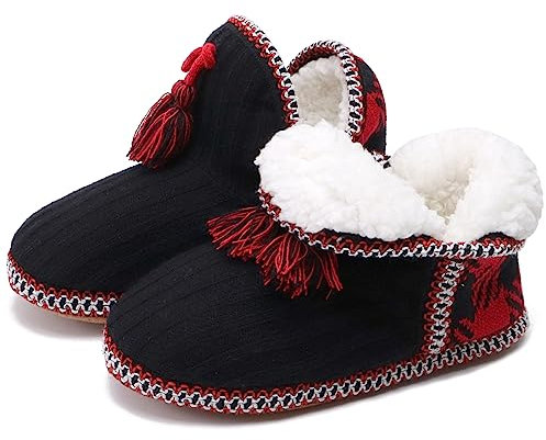 COFACE Lammfell Hausschuhe Damen Hüttenschuhe Winter Warme Plüsch Hausschuhe 41-42 Flauschige Gefüttert Hausstiefel Kuschelige Pantoffeln Hausboots SchwarZrot