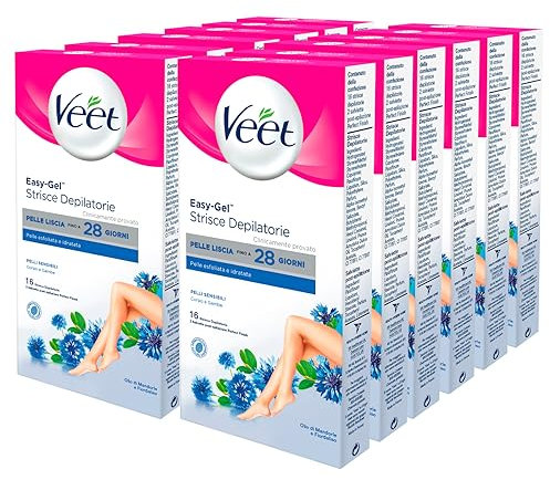 Veet Easy Gel Strisce Depilatorie Corpo e Gambe Per Pelli Sensibili Pelle Liscia Fino a 28 Giorni Azione Esfoliante Idratante con Salviette Post Epilazione - 12 Confezioni da 16 Strisce e 2 Salviette