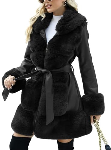 Bellivera Women's Faux Leather Jacket Sherpa-Lined Coat Winter Warm Parka Overcoat with Belt 241 Black L
