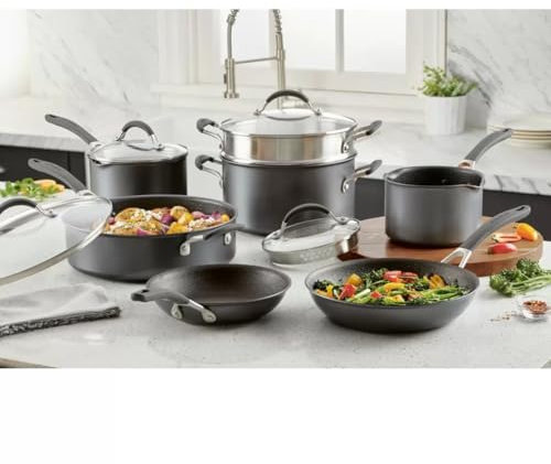 Circulon A1 Series with ScratchDefense 11 Piece Cookware Set Extreme Non Stick Cookware Set Dishwasher Safe with Saucepans, Fry Pans and Stockpot - Grey