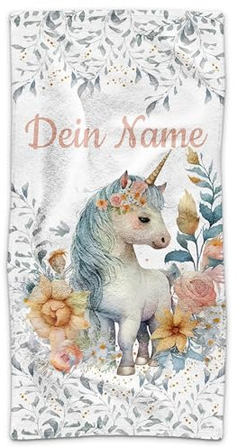 Print Royal PR Kinder-Handtuch mit Name personalisiert - Einhorn, Blumen - Geschenk für Mädchen, Kindertag, Einhorn, Blumen Geschenke, Handtuch Personalisieren | Fotohandtuch, 140 x 70 cm