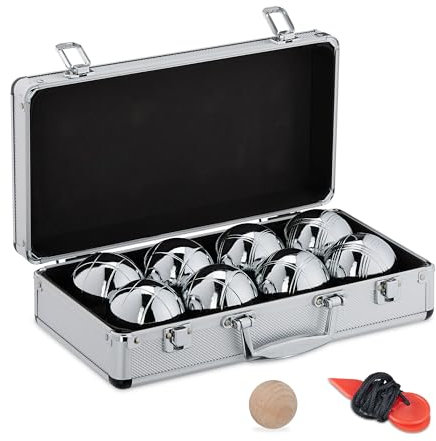 Relaxdays Boule Kugeln, 8 Stahlkugeln, D: 72 mm, Set mit Zielkugel, Abstandsmesser & Metallkoffer, Boccia Spiel, Silber