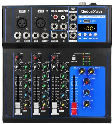 QudosXy Professioneller Audio-Mixer für 4-K-Schnittstellensystemkonsole, USB, digital, Bluetooth, MP3, Computereingang, 48 V, Phantomspeisung, Stereo für DJ Studio