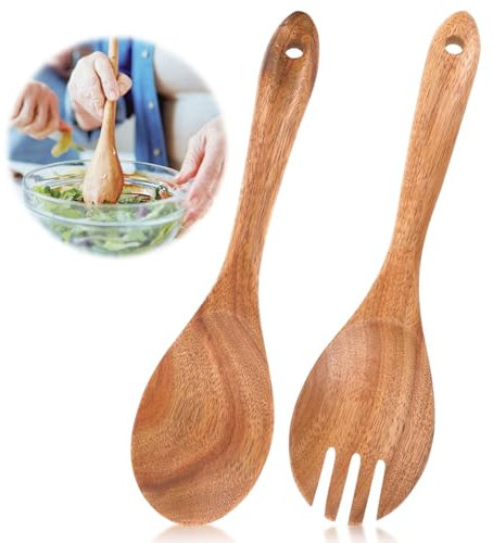 YUFFQOPC 2 posate per insalata, in legno, per insalata e insalata, set di posate con manico lungo, forchetta in legno di acacia, posate in legno di acacia, utensili da cucina