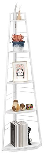 HOMCOM Scaffale angolare a 5 ripiani, pentagonale, con struttura pieghevole in acciaio e piedini regolabili, per soggiorno e studio, colore: bianco