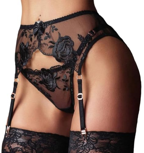 NewBull Women's Lace Garter Belts Set Suspenders Stockings Holder Fastener Mesh Underwear Thigh Garter with Adjustable Straps and 4 Metal Clips for Thigh High (Black)