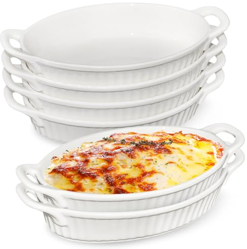 Set of 6 Baking Dishes, Ceramic Baking Dish Set with Handles Heat Resistant, Mini Casserole-Dishes for Oven, Porcelain Oval Baking Dishes for Gratin, Casserole and Roasting, White 24×13.5×5.3cm