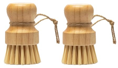 Bamboo Dish Pot Pan Brushes Set,2 Pcs Bamboo Palm Brush,Washing up Brushes for Kitchen Round Wooden Mushroom Brush Natural Cleaning Scrubbers for Dishes Pans Fruit Vegetables Sink