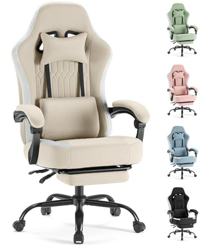 Sweetcrispy Computer Gaming Chair - High Back Ergonomic Desk Chair with Footrest and Lumbar Support, Height Adjustable Task Chair with Linkage Armrests and Headrest, 360°Wheels, Fabric, Khaki