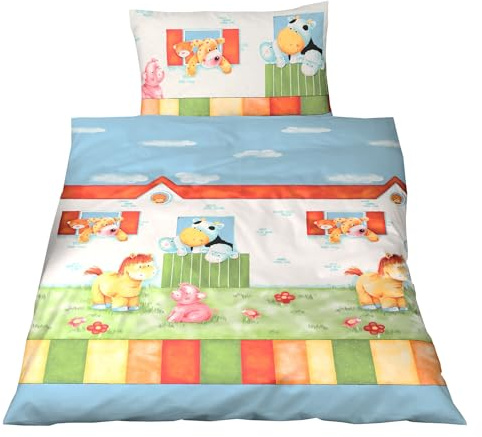 JACK Fein Biber Bettwäsche Baby 2 TLG. 100x135cm Hoftiere Bauernhof Bunt mit Reißverschluss