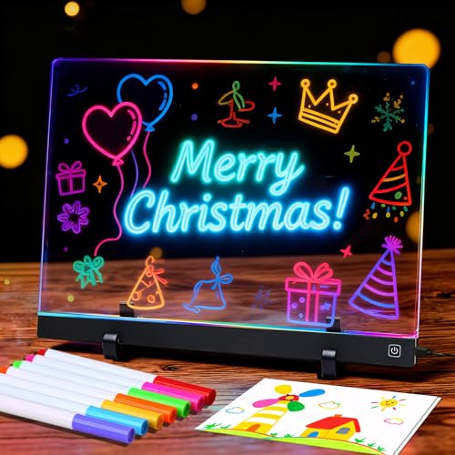 LgowithU Tableau Lumineux Message LED 35 * 26 cm, Tablette Lumineuse Dessin Enfant, Ardoise Lumineuse, Tableau Acrylique Effaçable 7 Couleurs Stylo, Idee Cadeau pour Enfants, Fille