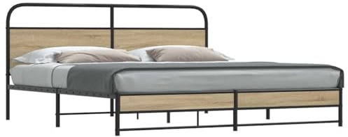 Bucmath Rökt ek i metallsäng, 183 x 213 cm, stålsängram med ribbotten, robust plattformssäng för sovrum, stabil sängram