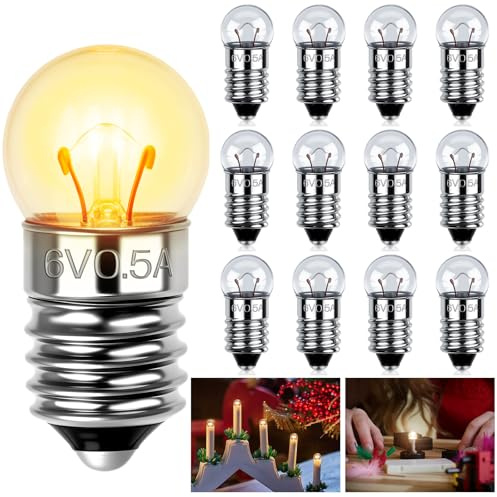 AUAUY 12 Stück Kugellampe E10 DC 6V, 0.5A, Warmweiß E10 Glühlampe Glühbirne Miniatur Schraubfuß, Ersatzlampe für Elektrische Experiment, Taschenlampen, Krippenbeleuchtung, Warnleuchte