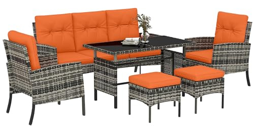 Outsunny 7 Seater Rattan Garden Furniture Set Patio Dining Set Orange | 6 Piece, 3-Seater Sofa, Armchairs, Footstools, Glass Dining Table, Cushions, Wicker Outdoor Furniture for Conservatory Patio