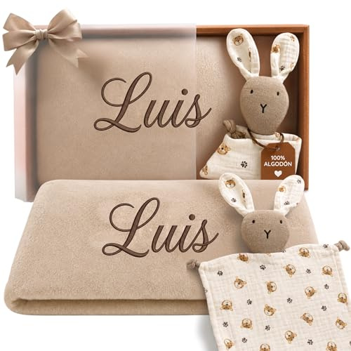 Dalvitas Manta Bebé Personalizada Bordada con Nombre + Doudou 100% Algodón - Pack Regalo Recién Nacido Niño Niña - Extrasuave y Ligera Ideal para Verano - 100 x 75cm