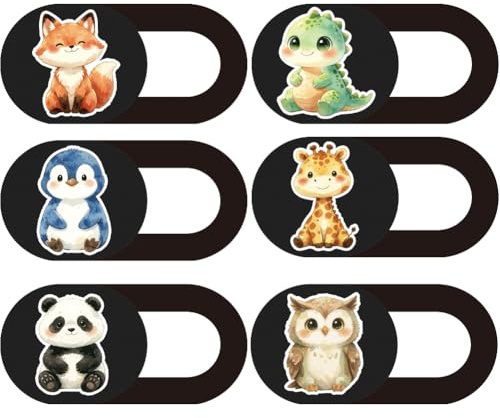PRESSINART 6 pièces 6 Styles Couvre Caméra pour Ordinateur Portable Cartoon Animaux 0.03 Pouces Ultra Mince Cache Webcam pour Mini PC Téléphone Ordinateur de Bureau Tablette Notebook en Plastique
