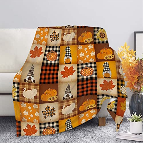 HUGS IDEA Manta de regalo de Acción de Gracias Otoño Cálido Naranja Plaid Collage Gnomo Manta Girasol Calabaza Arce Celosía Patchwork Funny Throw para Padres y Niños-M